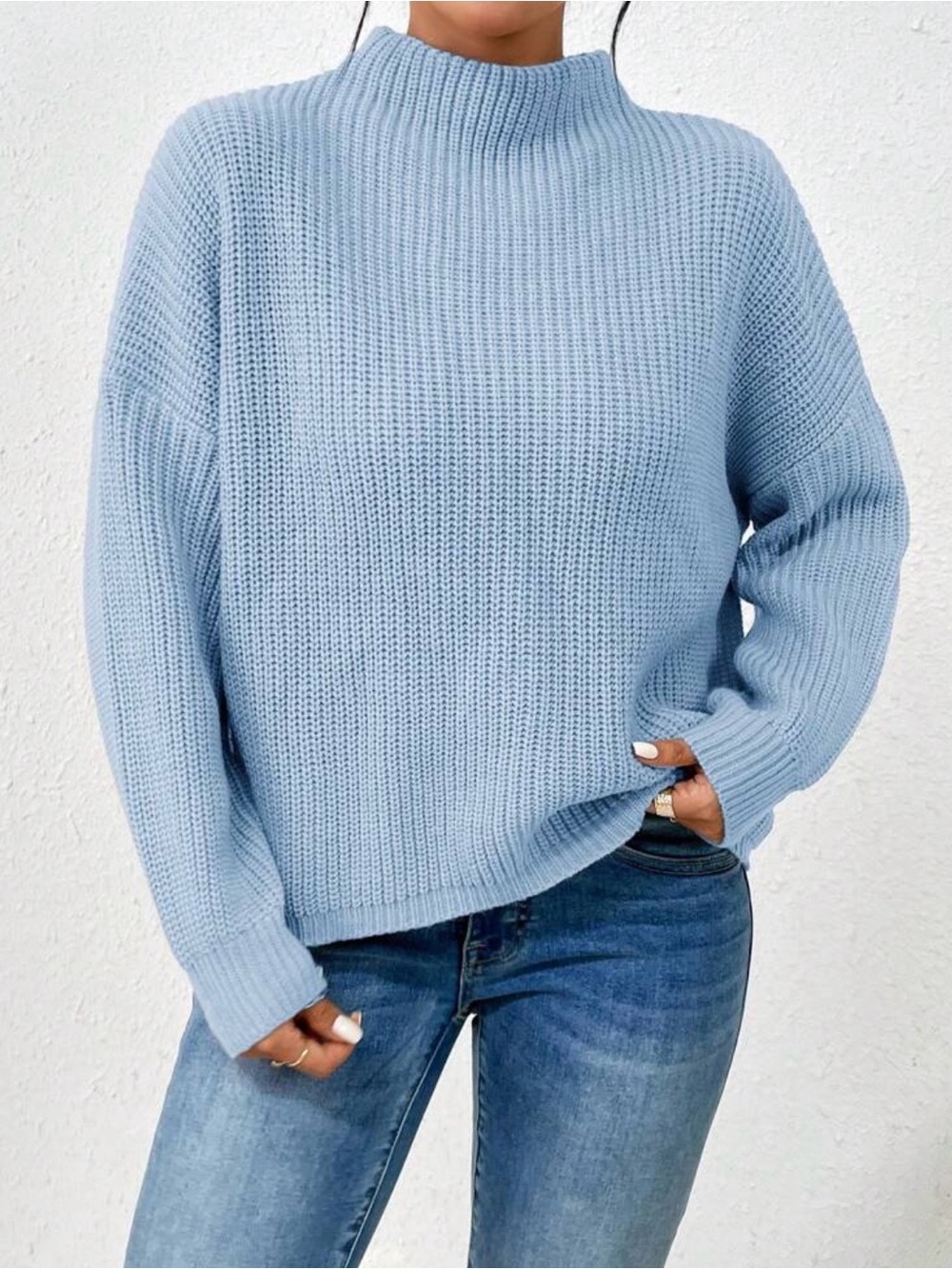 Light Blue Mock Neck Knit Sweater - Women